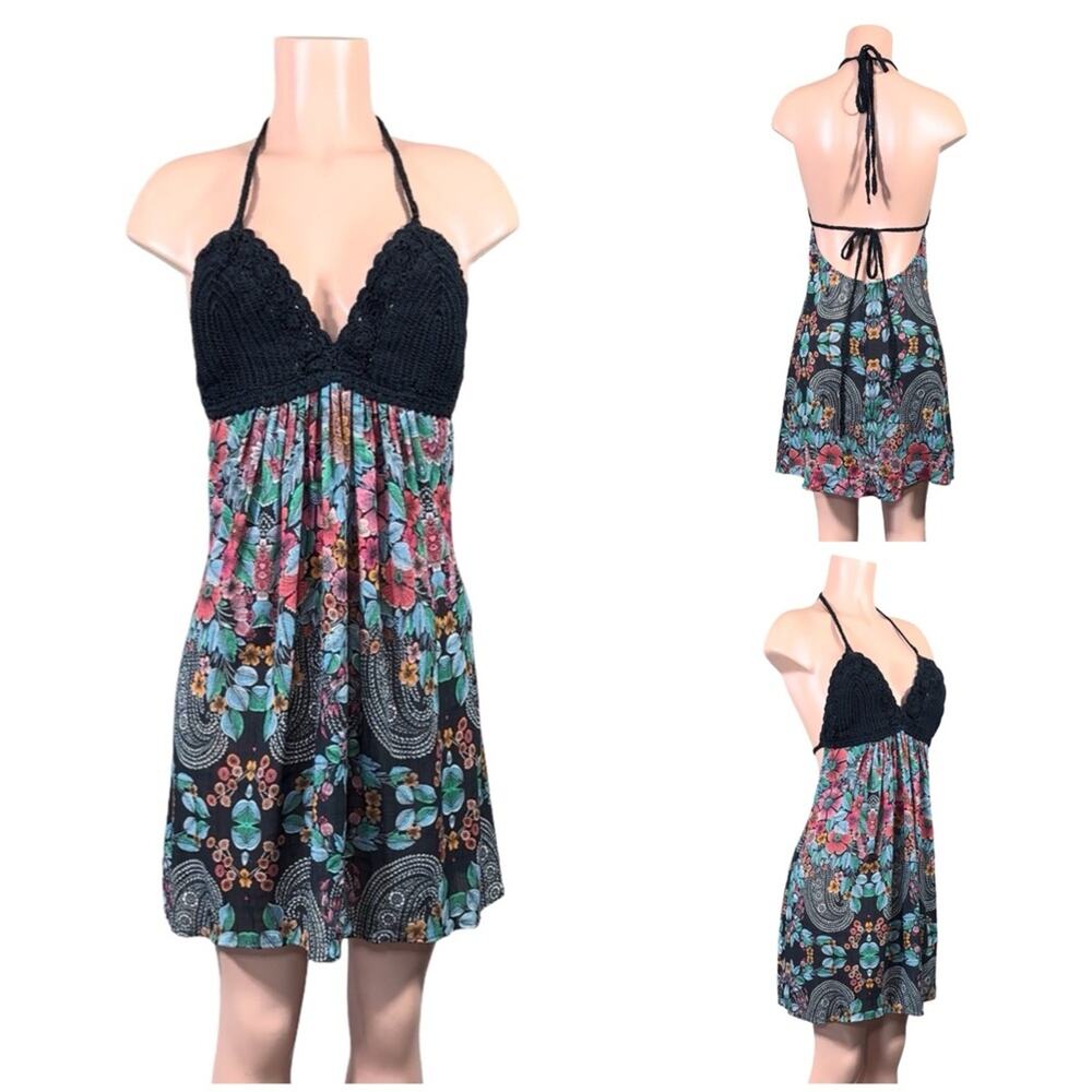 SKY Crochet Halter Floral Vibrant Print Mini Dress SZ L $120
